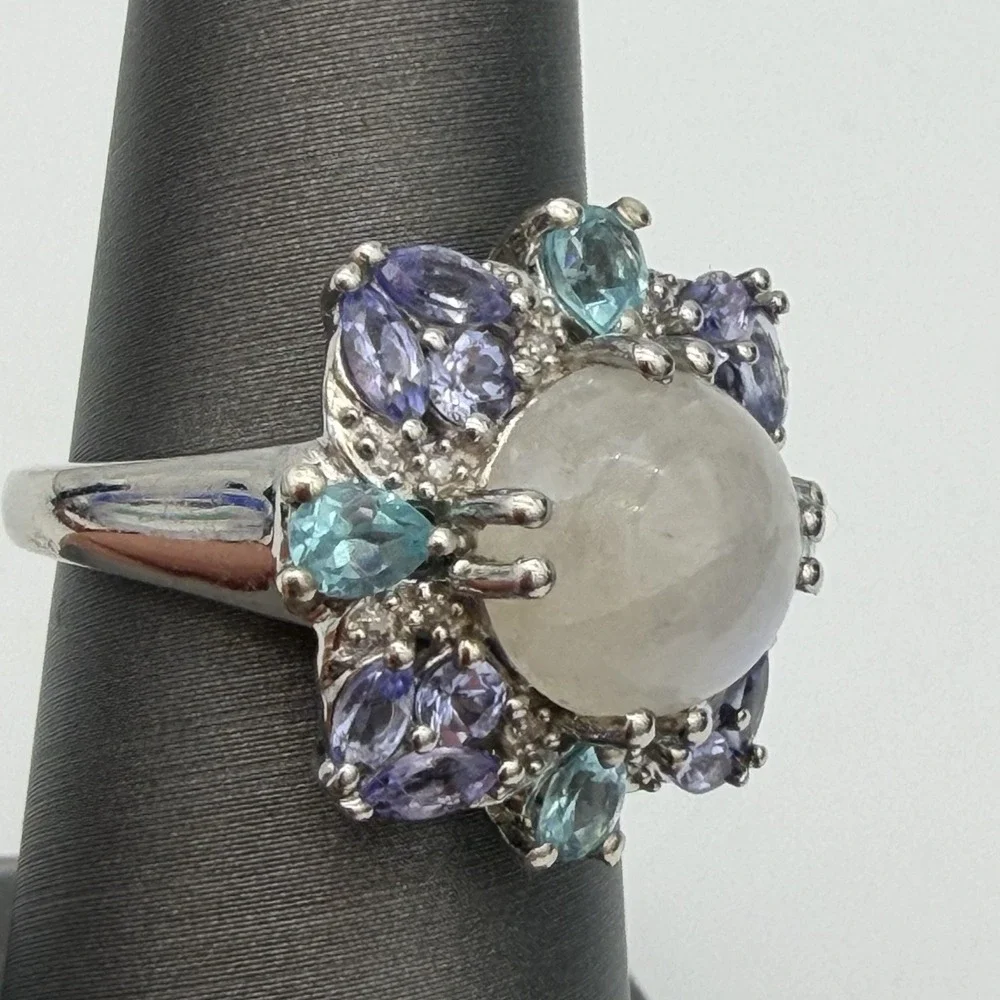 Vtg‎ STS Chuck Clemency Moonstone Multi Gemstone Ring Sterling Silver 6.5 Gr S7
